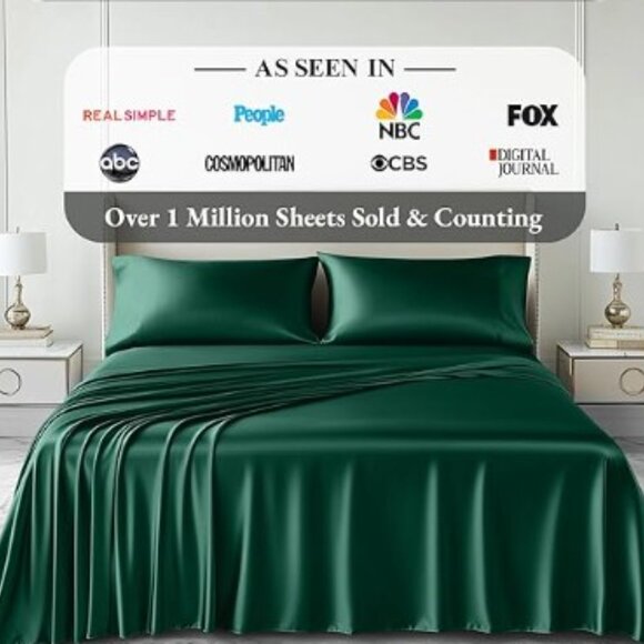 DECOLURE Satin Sheets King Size DARK GREEN Bed Set 4 Pcs - NEW! - Picture 4 of 4